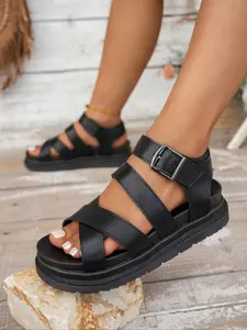 Women's Fashionable Solid Color Buckle Decorated Platform Sandals, Casual Comfortable Platform Sandals for Summer, Lightweight Breathable Shoes for Daily Wear, Girl