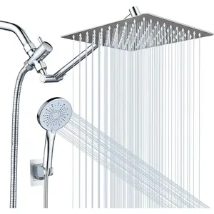 Shower Head Combo, 10 Inch High Pressure Rain Shower Head with 11 Inch Adjustable Extension Arm, 5-Setting Handheld Shower with Long Hose, Powerful Spray for Low Water Pressure
