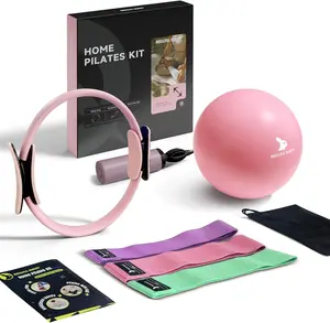 Home Pilates Kit - 13.8" Pilates Ring with Padded Handles, Mini Ball, 3 Resistance Bands for Full Body Exercise, Workout Guide RollingBunny