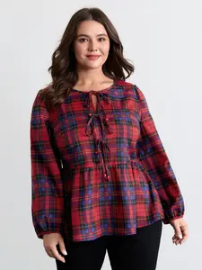 【Summer Turn-Up】BlOOMCHIC Plus Size Festive Plaid Bowknots Adjustable Blouse Brightred Long Sleeve Round Neck Regular Fit No Stretch Shirts Spandex Top Garment Fabric Womenswear Smooth [1x-6x] 2026 Summer Pick for Mother's Day