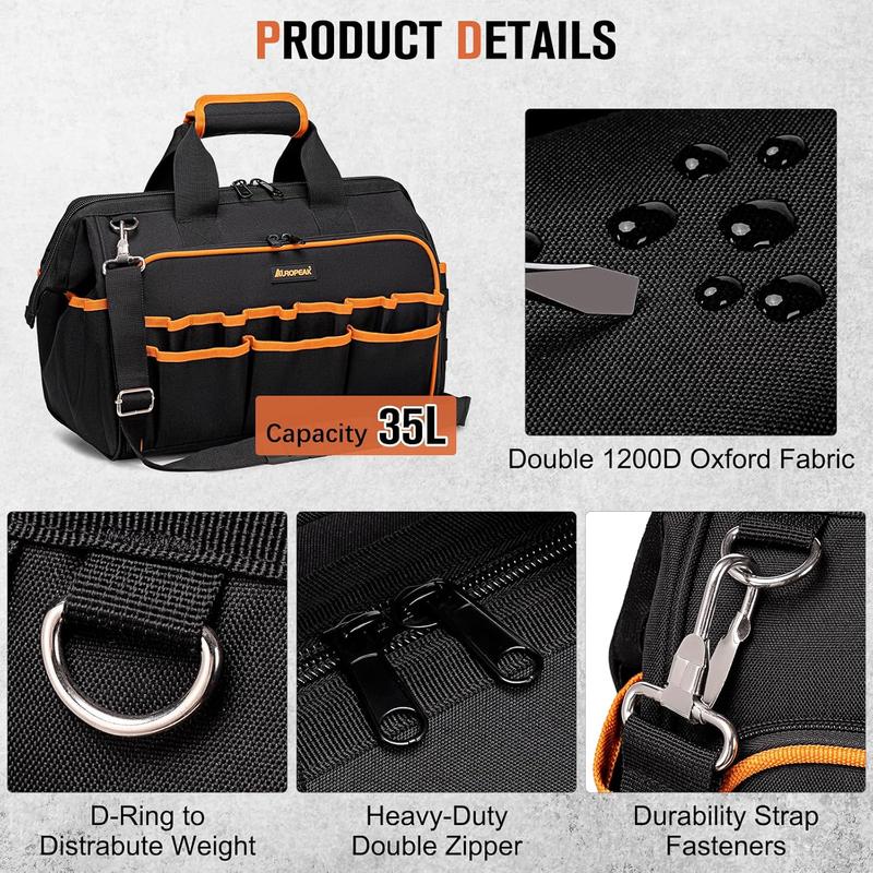 17-Inch Electrician Tool Bags for Men, 46-Pocket Heavy Duty Tool Bag, Foldable Hvac Tool Bag Organizer with Wide Mouth & Adjustable  Strap for Electricians Mechanics Craftsman Contractor