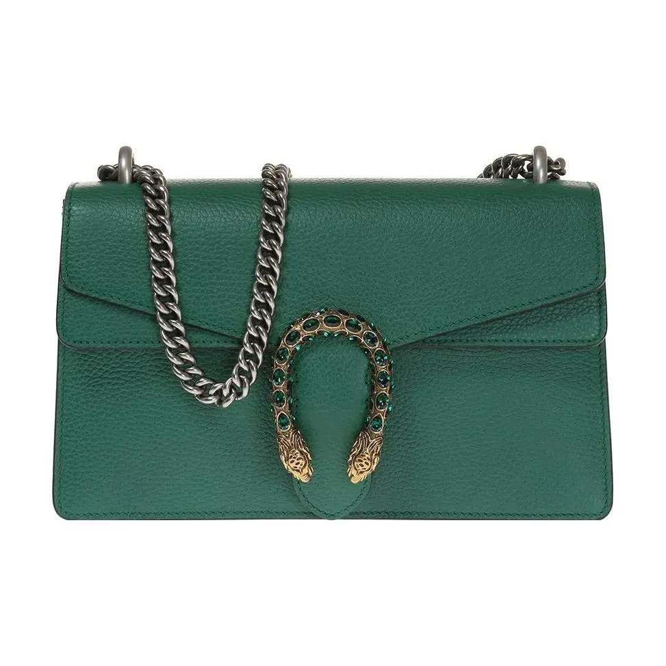 Pre-owned GUCCI Leather Shoulder Bags Dionysus Medium Shoulder Bag in Green Textured Calfskin with Green Crystal Tiger Head Closure and Antique Silver Hardware