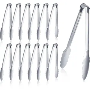 12 Pieces Buffet Tongs 7'' Serving Tongs Heavy Duty Stainless steel Kitchen and BBQ Utility Tong (Silver, 7inch)