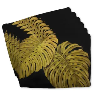 360 Stand Gold Monstera Leaf Placemats, 14x18 in Lightweight Braided Polyester Tableware, Stylish Coffee Table Accents, 6-Piece Set, Six Pieces