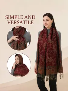 Women's Fashion Boho Long Woven Paisley Print Scarf, Thick Warm Jacquard Boho Style Shawl for Fall & Winter, Stylish Neckwear for Ladies