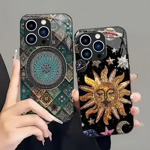 Boho Festival Aesthetic Case Celestial Sun Mandala Whimsigoth Glass Cover for iPhone 13 Pro---975