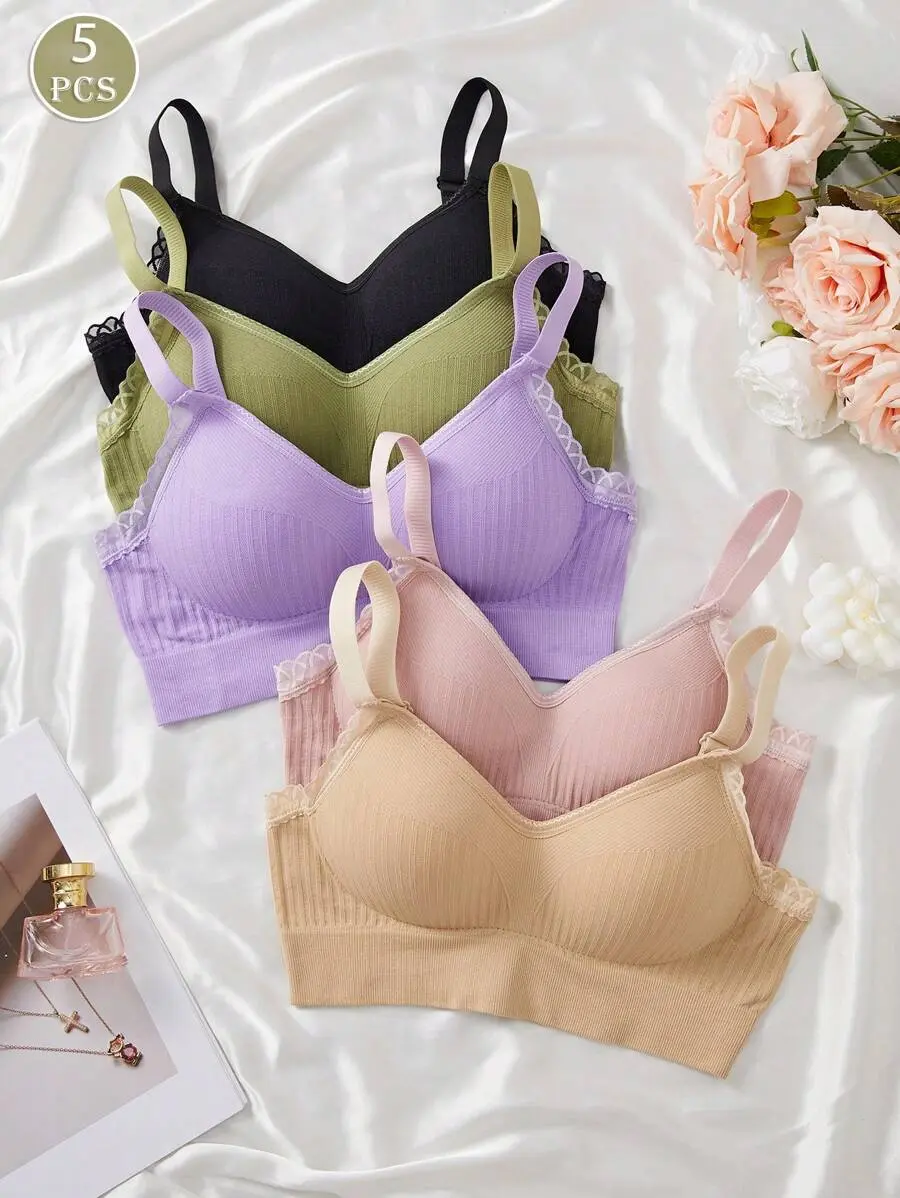 5pcs/Set Lace Underwire Bra With 4-Row Hook And Eye Closure, Supportive And