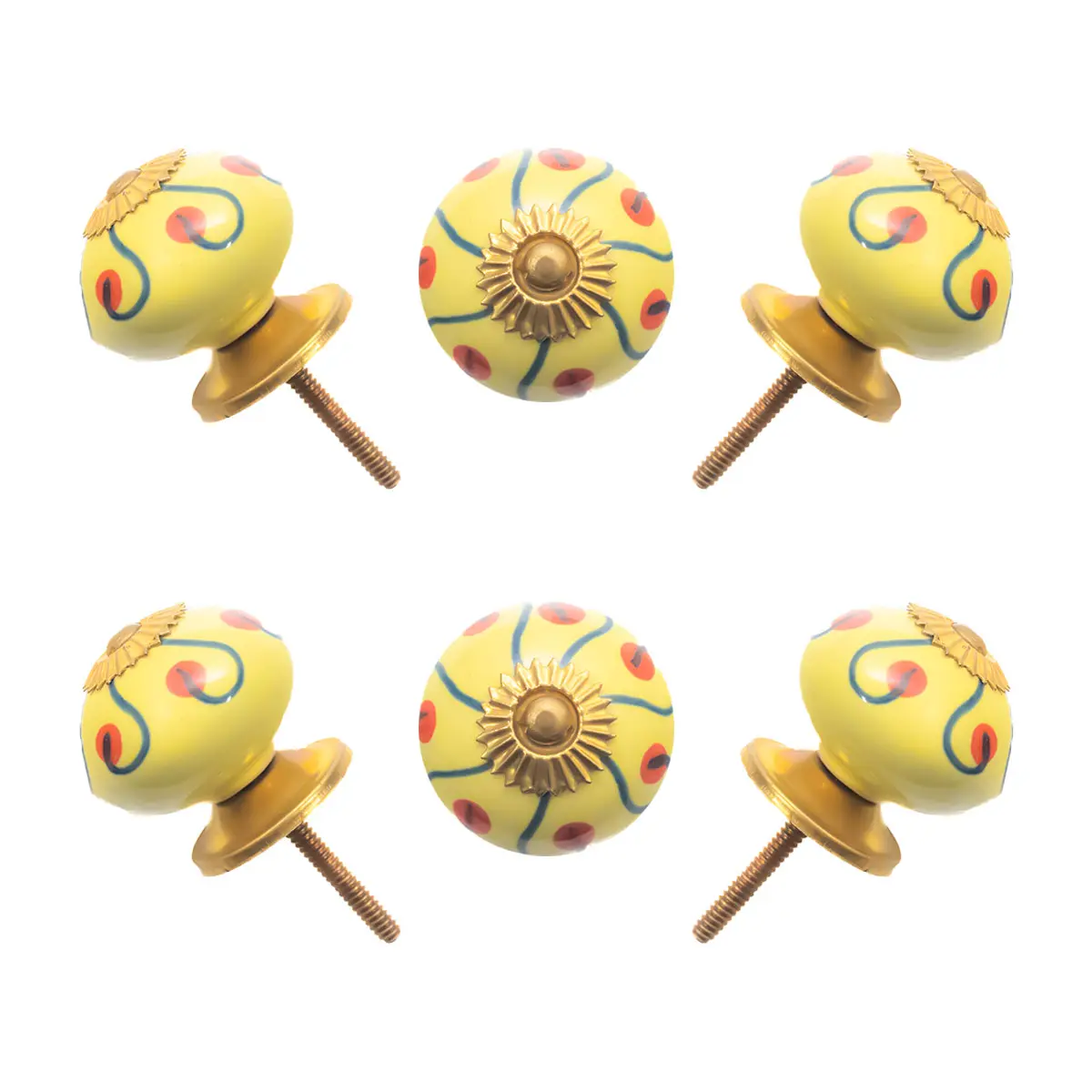 Hand-Painted Ceramic Knob Set (6) - Sunny Yellow, Red & Blue Swirls by CDNY