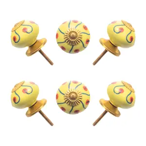 Hand-Painted Ceramic Knob Set (6) - Sunny Yellow, Red & Blue Swirls by CDNY