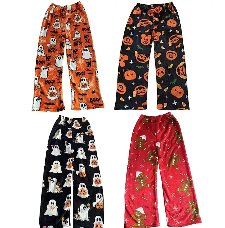 New Halloween Flannel Sleepers For Women Pajama Pants Cartoon Hip Hop Lady Casual Warm Plush Flannel Pants Cute Xmas Gifts
