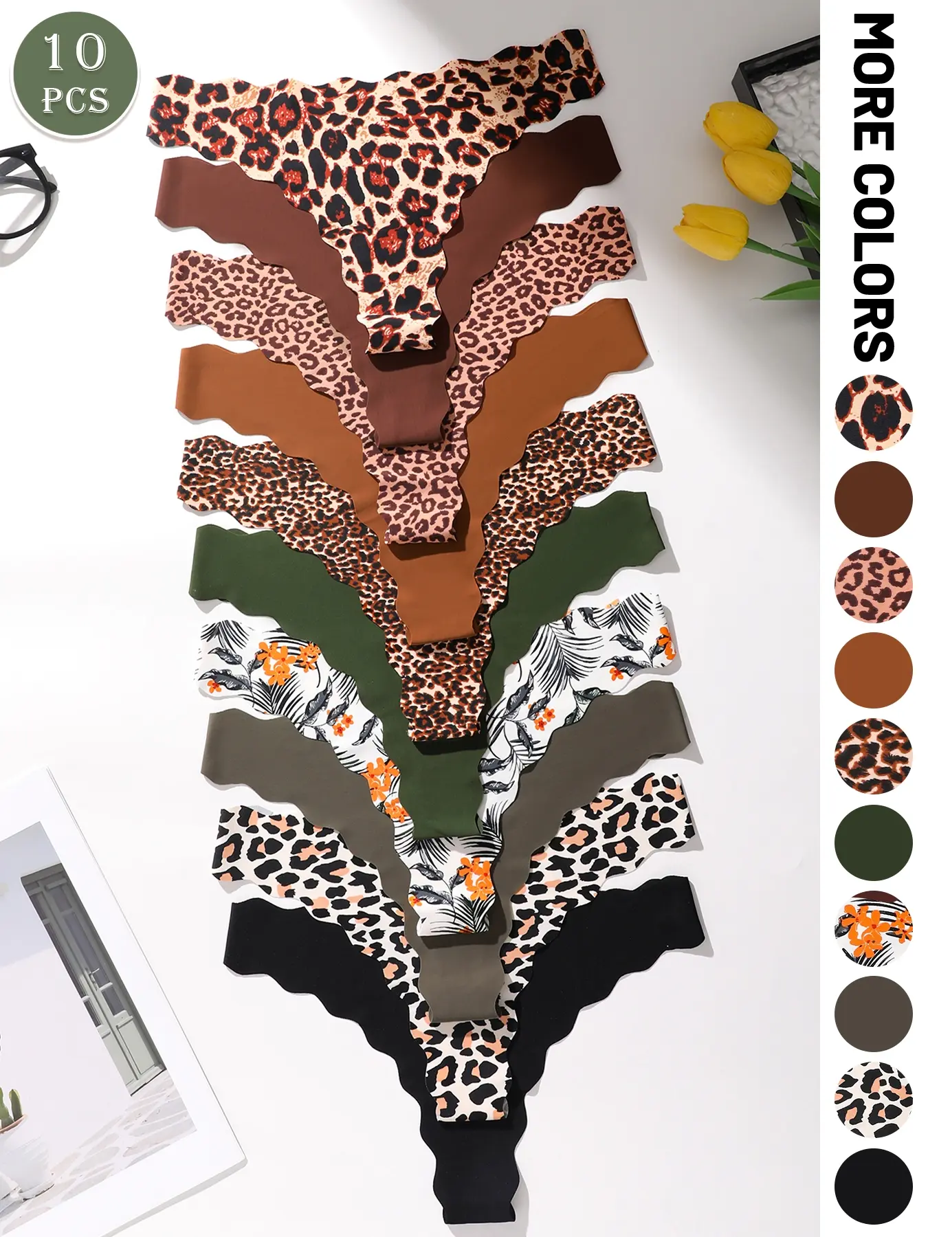 Women's Seamless Sexy Thong Underwear, Wave Edge Design, Multiple Prints and Solid Colors, All Season Daily Wear, Pack of 3/5/6/7/10/12 Pieces