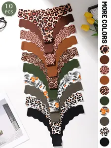 Women's Sexy Seamless Thong Knitted Stretch Underwear Set, Multiple Prints and Solid Colors, All Season Daily Wear, Low Waist Slim Fit, Fitted Panties