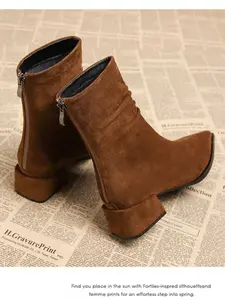 Women's Winter New Velvet Pile Boots, Pointed Toe Low Heel Slim Fit Booties, Fashionable Women's Footwear for Casual Wear, Casual Warm Boots