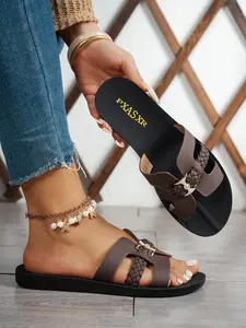 Women's Woven Strap Flat Sandals, Open Toe Sandal, Rhinestone Buckle, Simple Comfort Design, Daily Casual Shoes