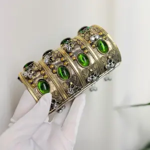 Afghan Kuchi Jewelry - Green Stone Cuff Bracelet with Gold Accents and Intricate Design