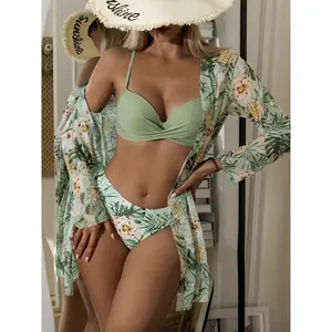 3pcs Floral Print Push-Up Bikini and Kimono Set