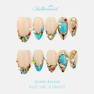 Fullovenail Medium Almond 10 PCS Azure Accent Handmade Press on Nail REUSABLE 3D Gel Fake Nails Acylic Press on Nail/Christmas Autumn Fall Winter Peret 2025