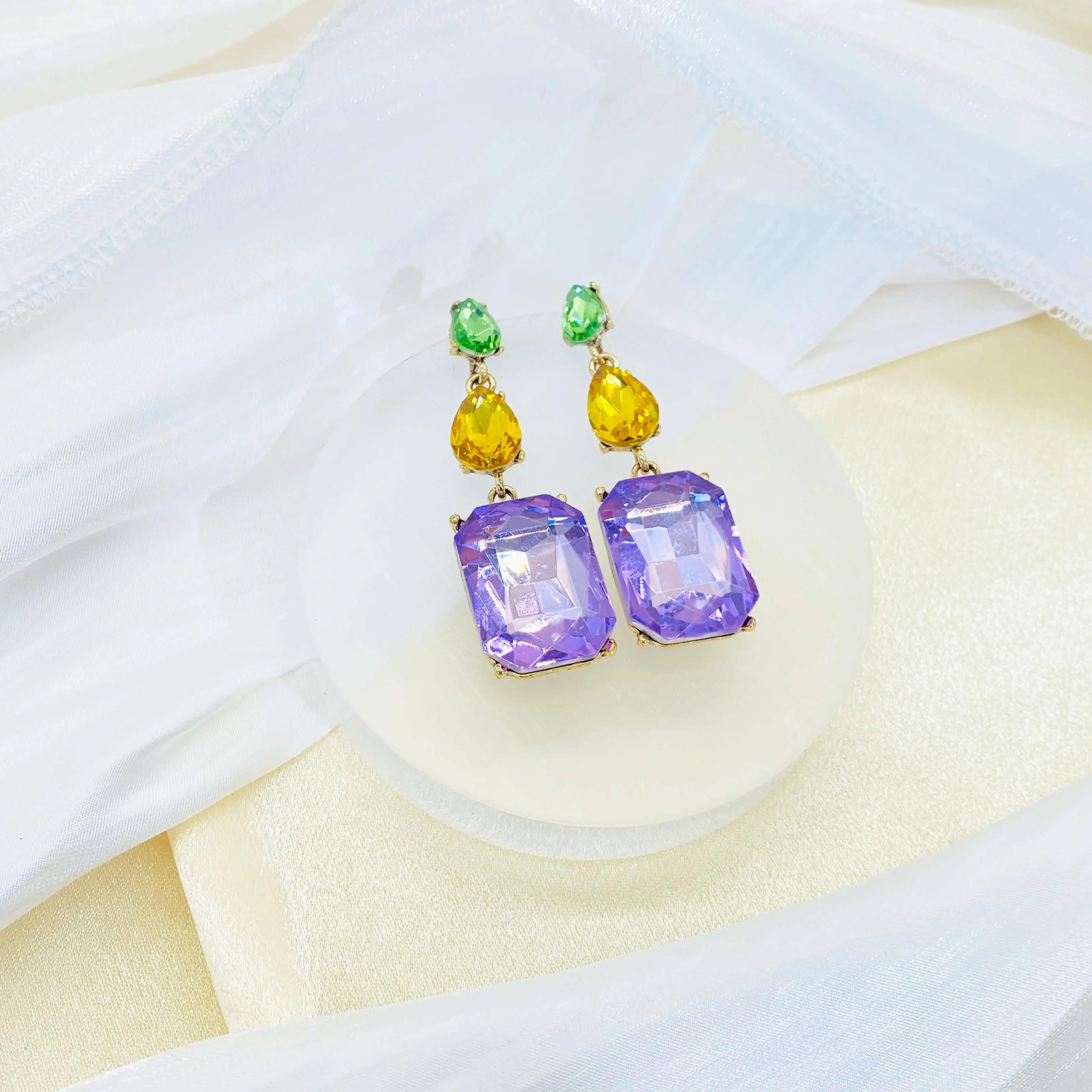 Regal Glamour Purple Party Large Exaggerated Rhinestone Earrings