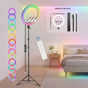 18 Inch RGB LED Ring Light with 70" Aluminum Alloy Tripod, with 1 selfie remote/3 Phone Clips/1 USB Ports, 3200-6500K Dimmable Fill Light Compatible with iPhone for Volg, Selfie Makeup, Lash Studio, Streaming Video, Recording Lighting#Spring Break