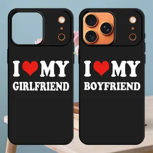 I Love My Boyfriend / Girlfriend Letter Pattern Phone Cases,Black Magnetic Shockproof Smartphone Protection Case With Lanyard Button,Soft Liquid Silicone Cellphone Casing Cover for iPhone 17 Pro Max 16 Plus 15 14 13 12, Couple's Phone Case