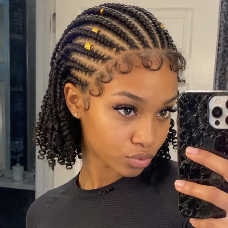 8 Inch Full Lace Short Bob Boho Knotless Cornrow Braided Wig With Soft Curly Ends Handmade Synthetic Braiding Hair Realistic Natural Scalp Protective Hairstyle For Women #ShortBobBraids #BohoGoddessBraids #KnotlessBoxBraids #AfricanBraids