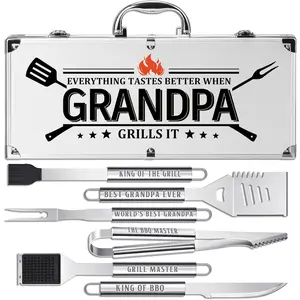 Grandpa Gifts, Fathers Day Grandpa Gifts from Grandkids Heavy Duty Grilling Accessories Kit for Backyard BBQ, Thick Stainless Steel Grill Utensils with Non-Slip Handle Tool  Birthday, Christmas