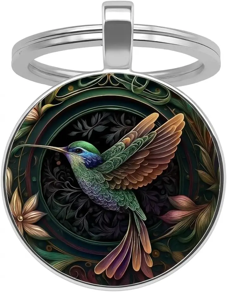 SUPAC Hummingbird Keychain - Floral Stainless Steel Pendant with Metal Frame, 1.1 inches by 0.98 inches Dark Tones, Durable Double-Sided Design, Daily Wear Fashion Accessory
