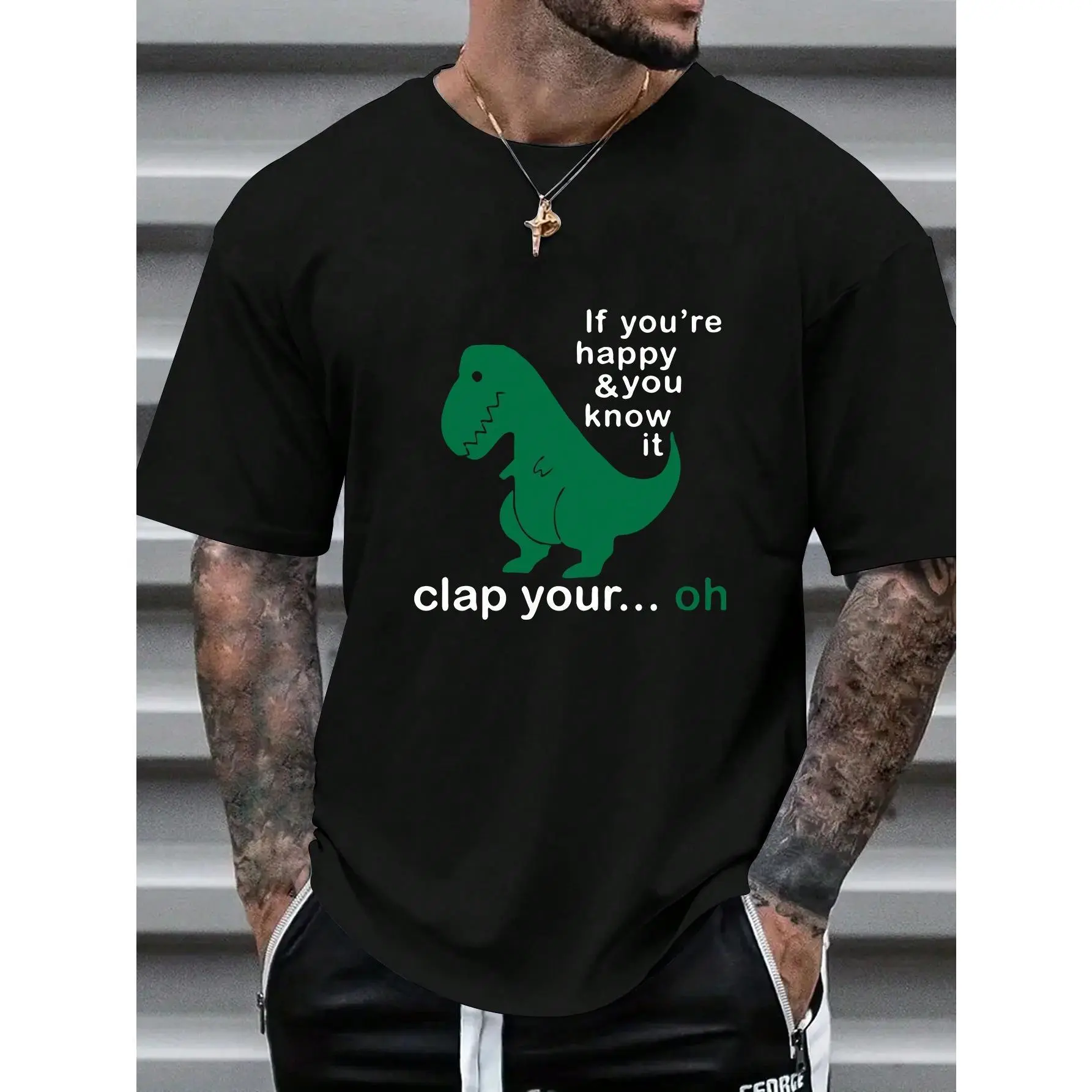 Men's Dinosaur Slogan Printed Round Neck Casual Commuter T-Shirt