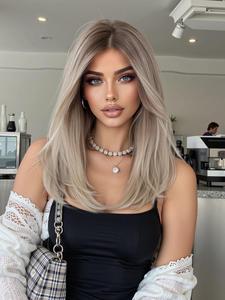 16 inch long straight blonde colored wig for women, gorgeous fluffy wigs with curtain bangs, synthetic full machine wigs for party, daily use, wavy wigs