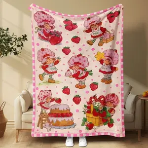 1PC Flannel Blanket with Strawberry Girl Cartoon Print, Soft Cozy Throw Blanket, Sweet Pink Bedding for Girls, Cute Aesthetic Style, Ideal for Bedroom