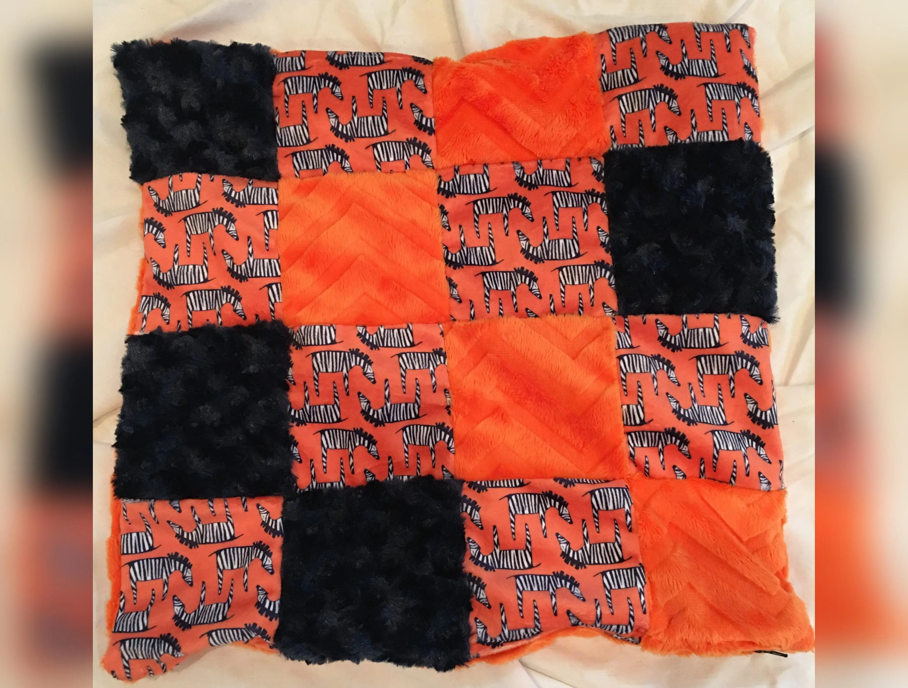 Patchwork Decorator Pillowcase: Orange Zig Zag Zebra Patchwork on Luxe Cuddle Embossed Chevron Orange