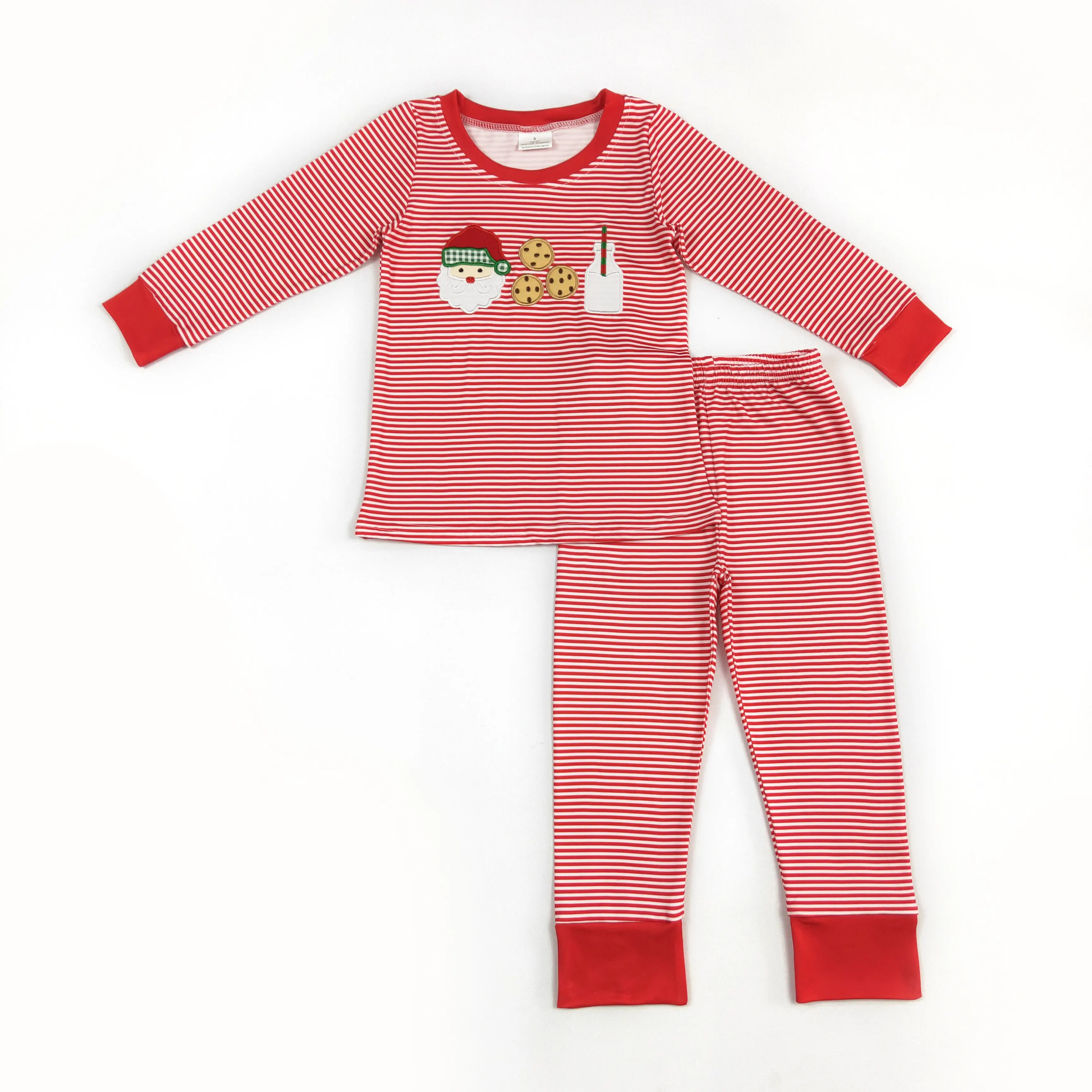 Boys' Cute Christmas Red Striped Santa Cookies Print Long Sleeve Pajama Set for Children, Soft Fabric Sleepwear