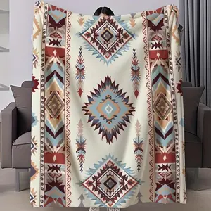 1 Native American Style Geometric Pattern Flannel Blanket - Cozy and Soft, Vibrant Earth Tone Design, Warm and Pilling Resistant, Machine Washable, Plush Shawl, Bed Blanket, Sofa or Air Conditioning Blanket, Suitable for Napping, Camping, Travel