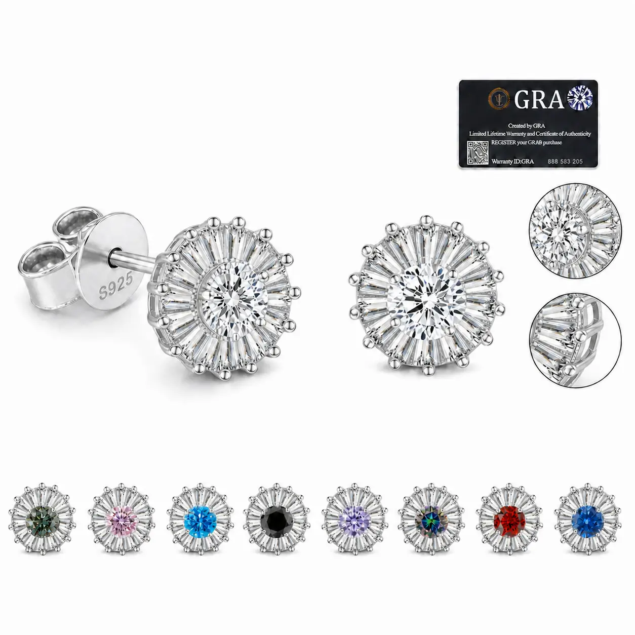 Sunflower Halo Moissanite Stud Earrings, Butterfly Push Back D VVS Lab Moissanite, S925 Sterling Silver, 12 Multicolor, Wedding Holiday Jewelry Gift for Women