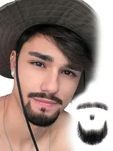 100% Human Hair Fake Mustache & Beard - Hand Tied Goatee with Invisible Lace, Natural Realistic Facial Hair (Black/Brown) for Men