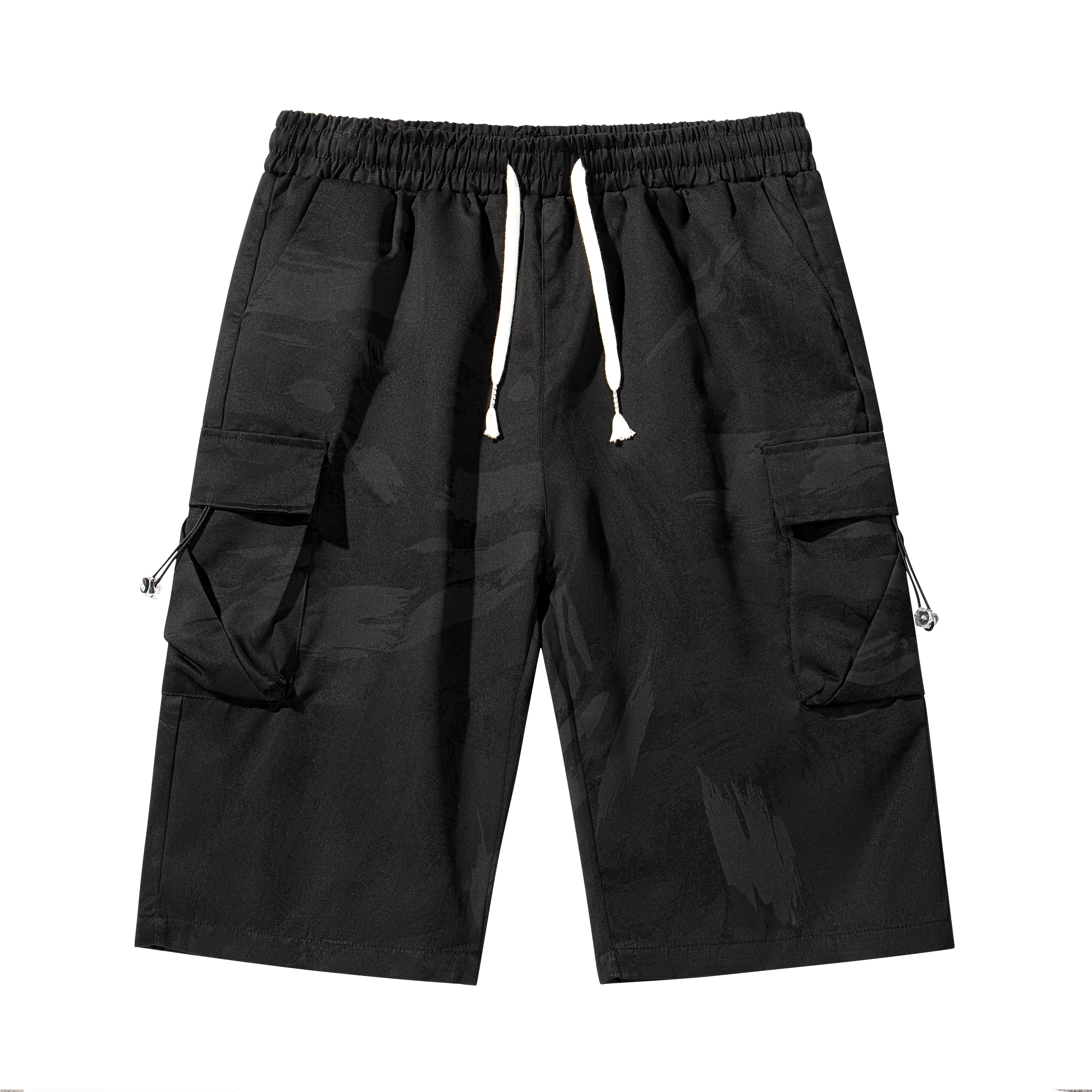 Men’s cargo shorts with graffiti print, drawstring waist, street-style design