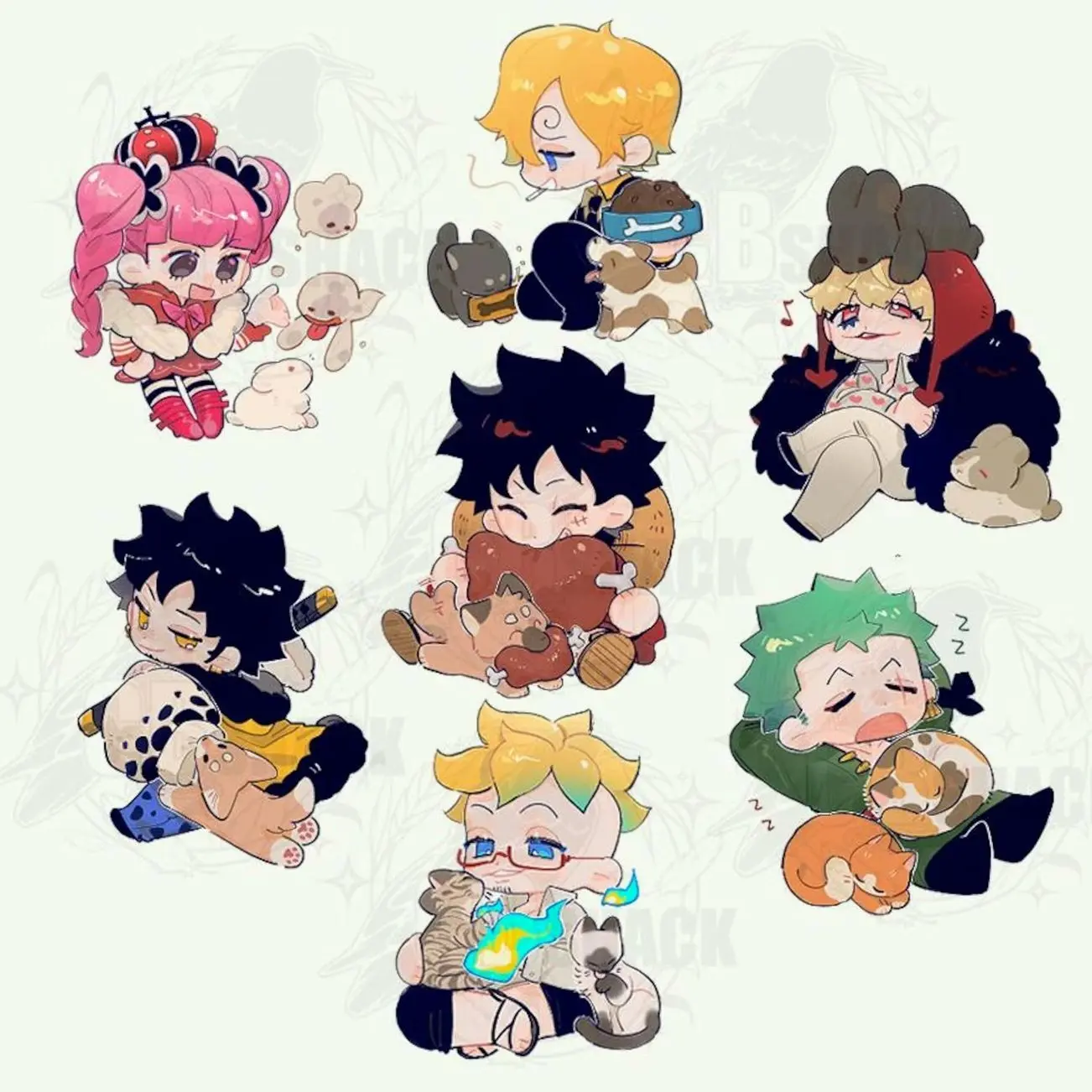 7 ops O..ne P...iece Acrylic Keychain  with pets chibi style (Perona, Senji, Corazon, Law, Marco)