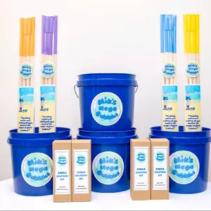 Mik's Mega Bubbles 'The Fantastic Four' Giant Bubble Wand Kit includes (4)Hand Crafted Adjustable Size Wand, (4) One-Gallon Solution Concentrates, and (4) Two-Gallon Buckets