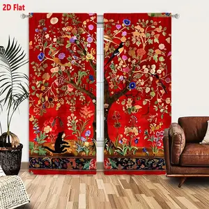 2D Flat   2-Piece Curtain Set, Home Textile, Ornate Tree Floral Birds Pattern, Red Background Decorative Tapestry Style, Black Cat Accent, Living Room Bedroom Window Drapes, Interior Decoration Accessories, Privacy Grommet Curtains