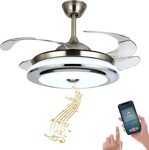 42'' Reversible Bluetooth Ceiling Fan with Light and Speaker, LED Stepless Dimmable Fandelier Ceiling Fan Light with Remote Control Retractable Invisible Music Player Chandelier for Living Room