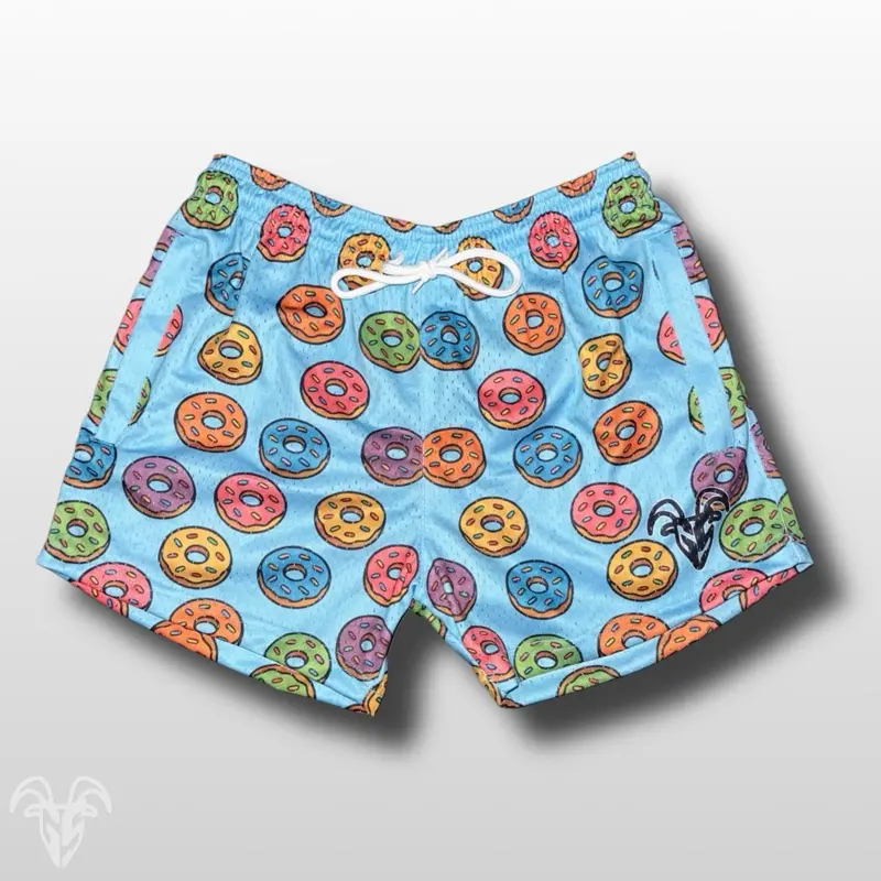 Goat Strength 5" Inseam Mesh Shorts - Colorful Cartoon Donut Themed Design - Athletic stretchy material breathable for workouts or just casual wear
