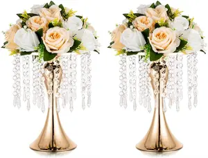 Gold Vases for Centerpieces, 10.2in Crystal Flower Arrangement Stand, Wedding Centerpieces for Tables, Tall Metal Flower Vase Holders for Wedding, Event, Reception, Birthday, Home Decor, 2 Pcs