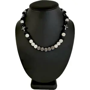 Iced Disco Ball Crystal Bead Baseball Necklace w/ Cross Black Silver II