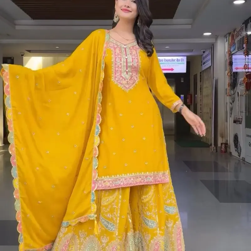 Women's Chinnon Silk Sharara Palazzo Indian Party Wear Suit in Yellow with Embroidered Details and Matching Dupatta - Womenswear, Clothes