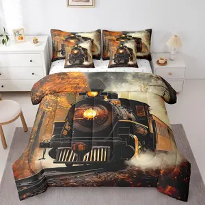 Train Bedding Set,Retro Steam Engine Comforter Set,7 Piece Railway Track Transport Bed in A Bag with Sheets,Autumn Fallen Leaves Bed Set