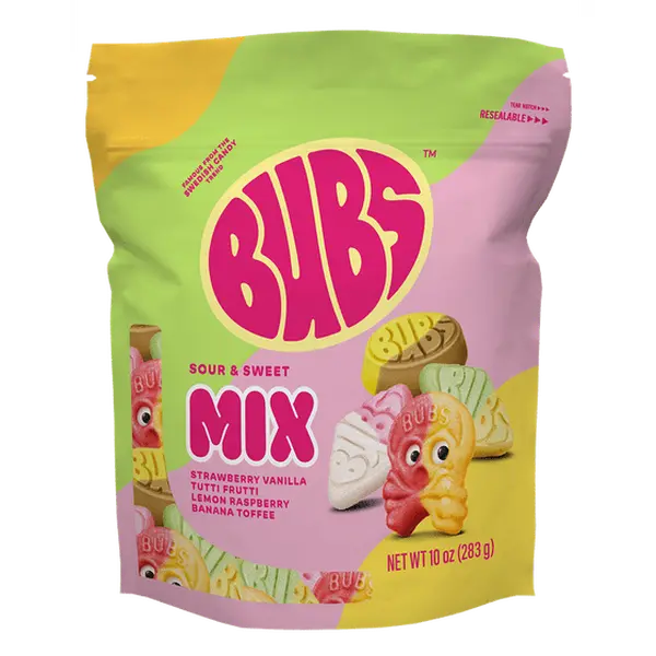 BUBS Swedish Soft Sour-Sweet Pick-and-Mix Gummy  Pouch - Strawberry Vanilla, Tutti Frutti, Lemon Raspberry, Banana Toffee Flavors - Vegan, Gluten-Free - 10 oz Trending Food Snacks for  Lovers Chewy Fruit crack