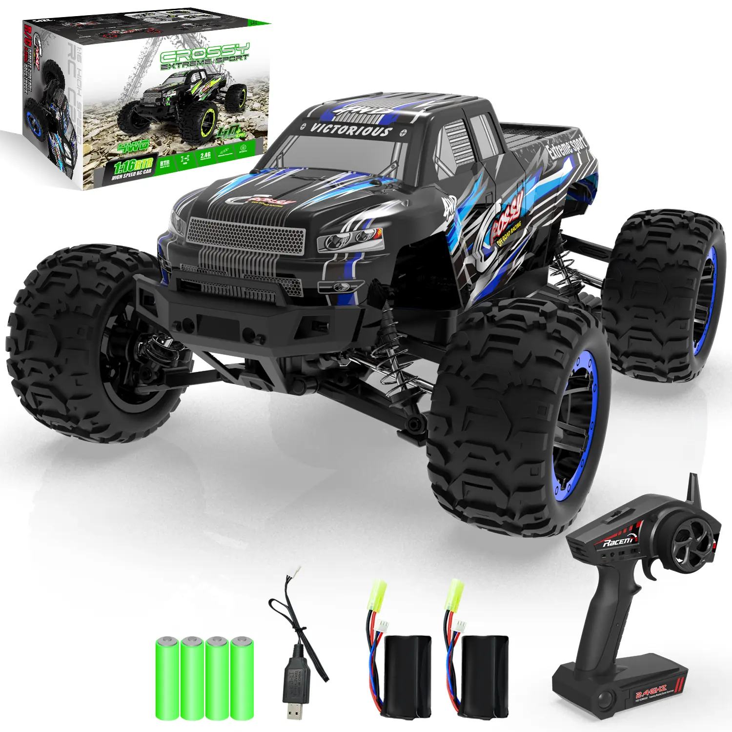 RACENT RC Stunt Car - 1:16 Scale 4WD Off Road All Terrain Monster Truck, 30MPH High Speed 2.4Ghz Electric Remote Control Toy Vehicle, 2 Rechargeable Batteries, 20-30 Mins Run Time, Gift for Kids and Adults 12+