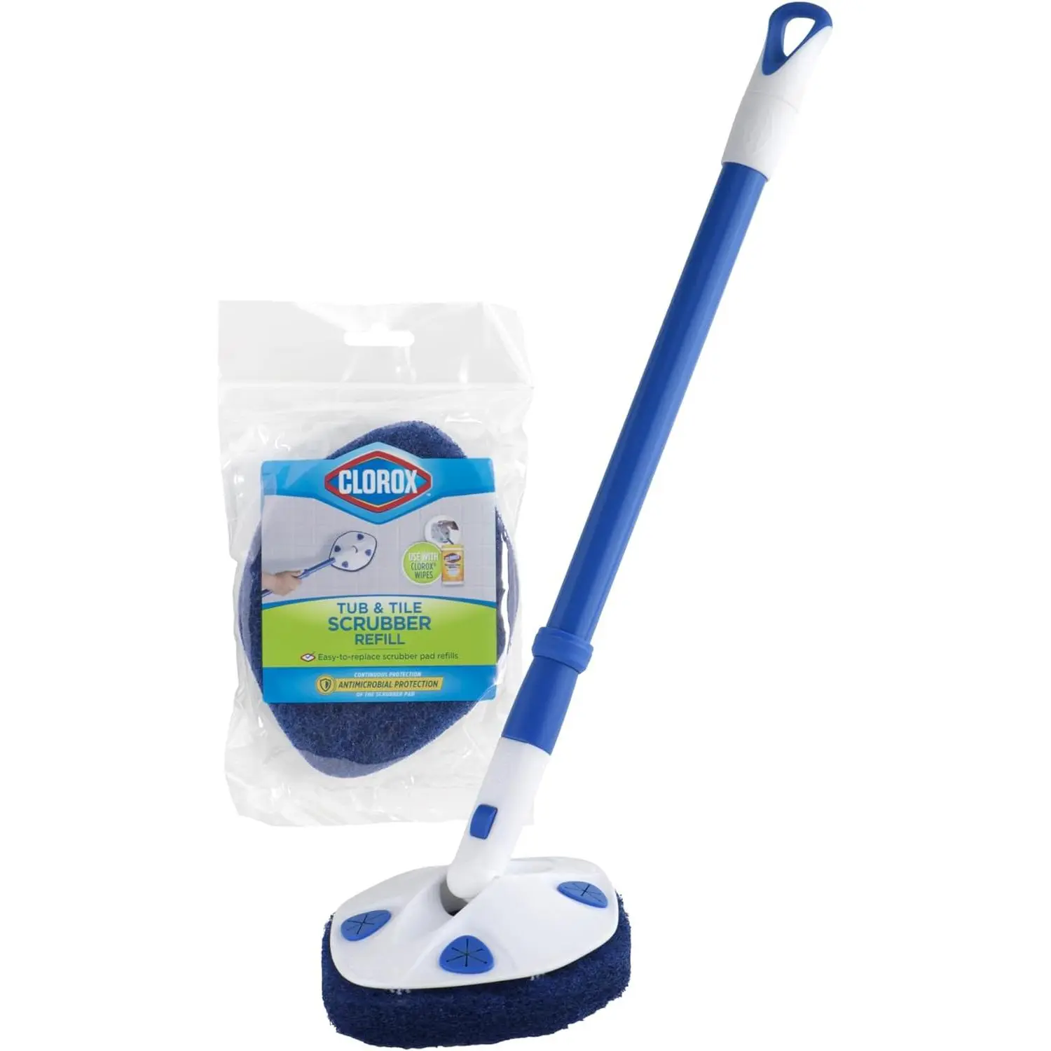 Clorox Extendable Tub & Tile Scrubber, Long Handle Bathroom Cleaning Brush, Bonus Refill Pad