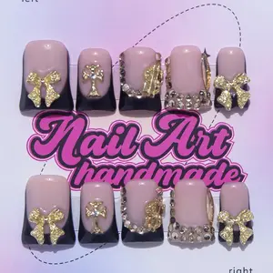 Delicatething Y2K Style Nail Kit Set, Handmade Duckbill Shape Nails, 4 Sizes XS S M L, Bow, French Design, Perfect Gift