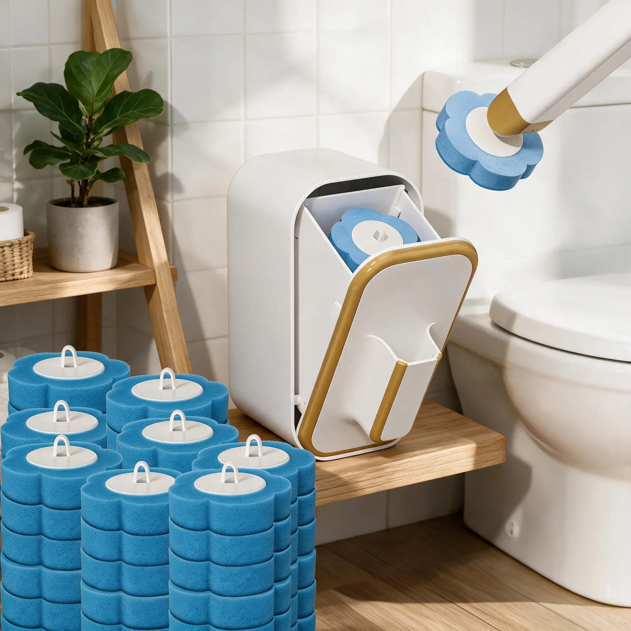 Disposable Toilet Wand Set with 24 Pre-Loaded Refill Heads, ABS Plastic Touch-Free Release Wall Mount Storage Caddy, Bathroom Toilet Brush Cleaner
